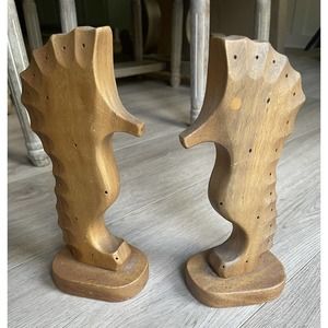 Set of 2 Carved Wooden Driftwood Seahorse Pair 10" Tabletop Desk Minimalist Boho